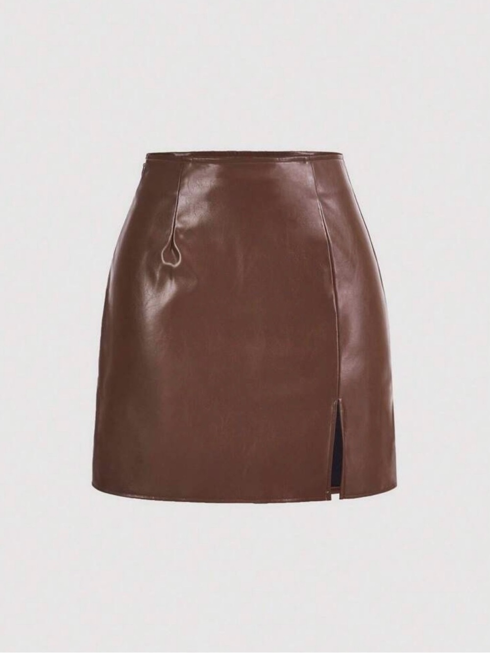 Brown Faux Leather Mini Skirt with Side Slit